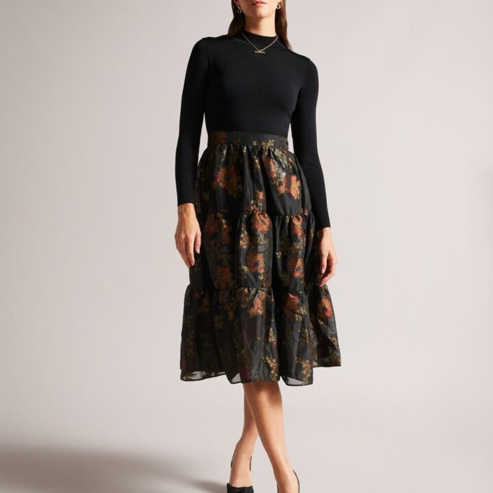 TED BAKER LONDON Audria Mixed Media Long Sleeve Tiered Dress